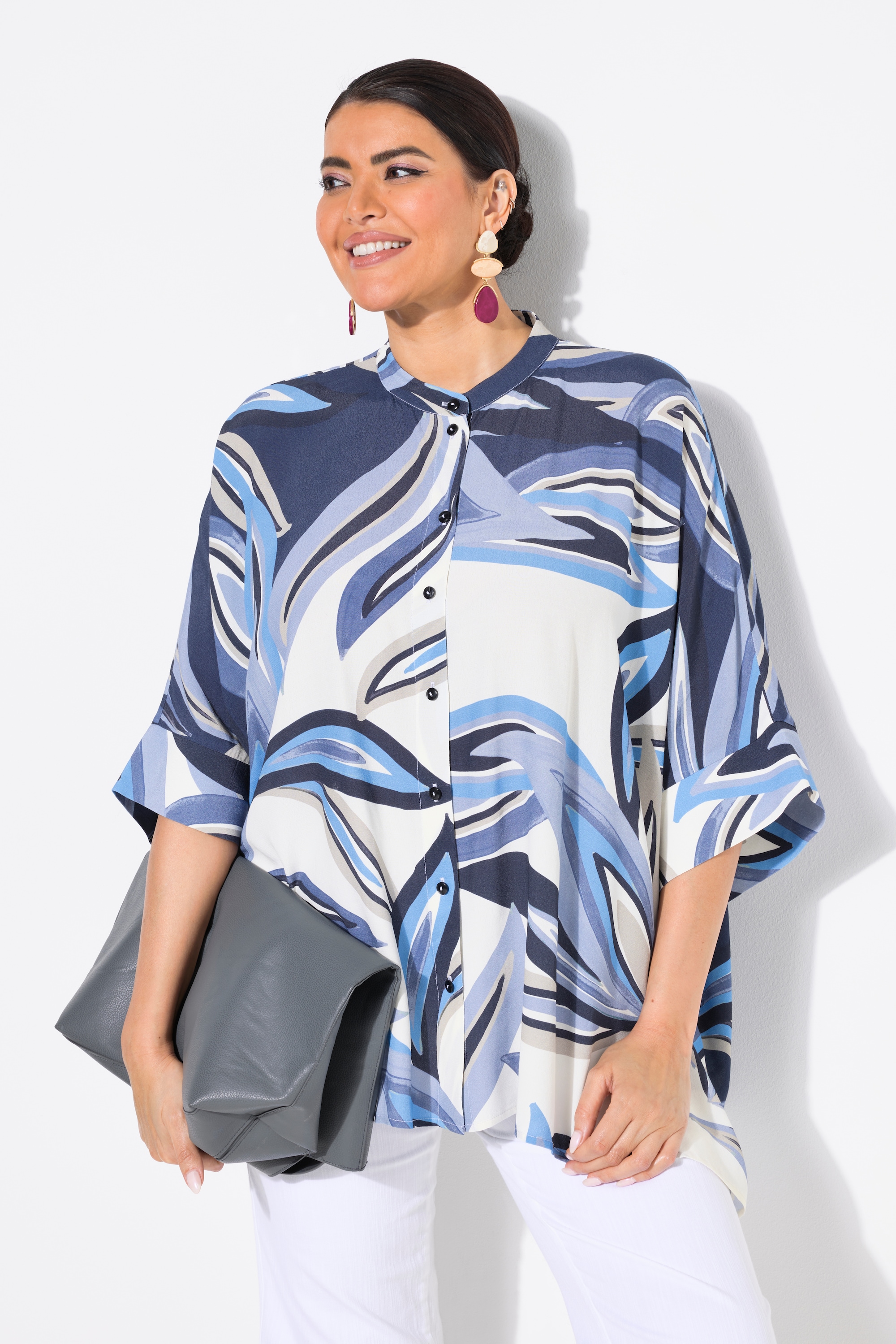 Ulla Popken Damen große Größen Bluse Blätter Oversized Stehkragen Halbarm 838959