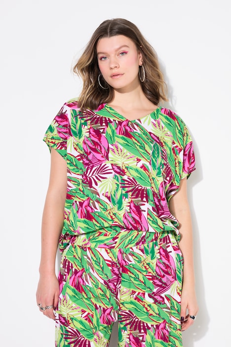 Camiseta tipo blusa, oversize, estampado de jungla, escote en V