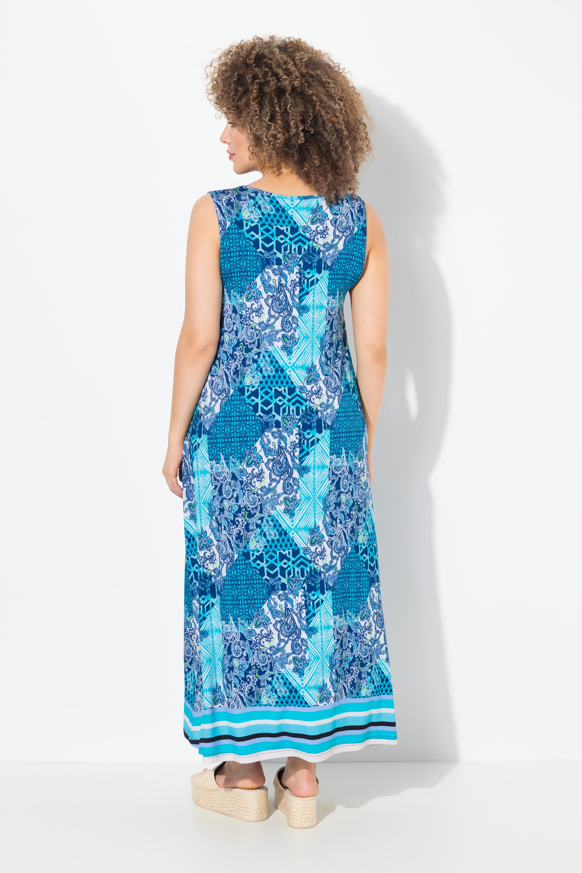 Ulla Popken Damen große Größen Maxikleid Patchdruck A Linie V Ausschnitt