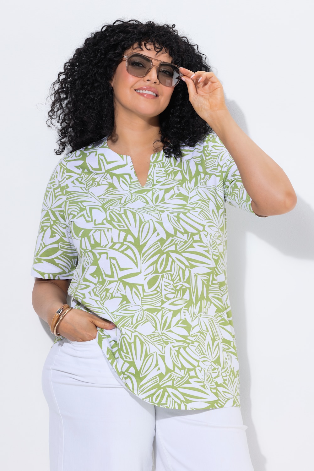 T-Shirt, Blätter, A-Linie, Tunika-Ausschnitt, Halbarm
