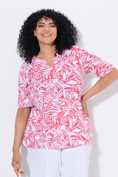 T-Shirt, Blätter, A-Linie, Tunika-Ausschnitt, Halbarm