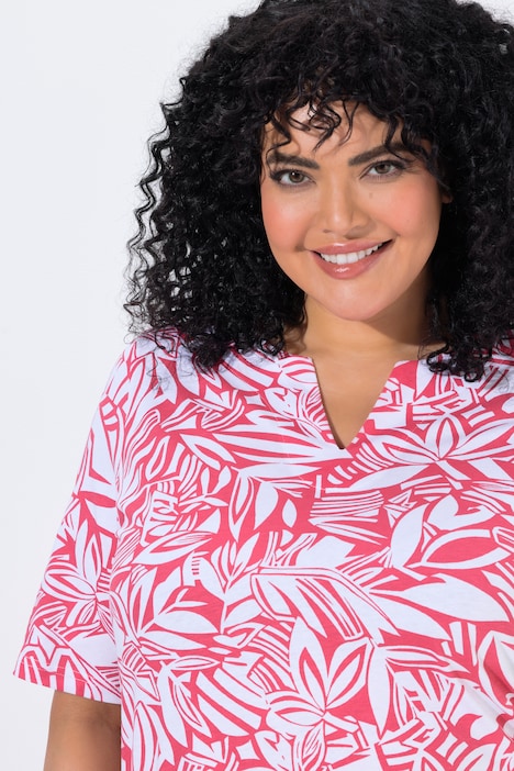 T-Shirt, Blätter, A-Linie, Tunika-Ausschnitt, Halbarm