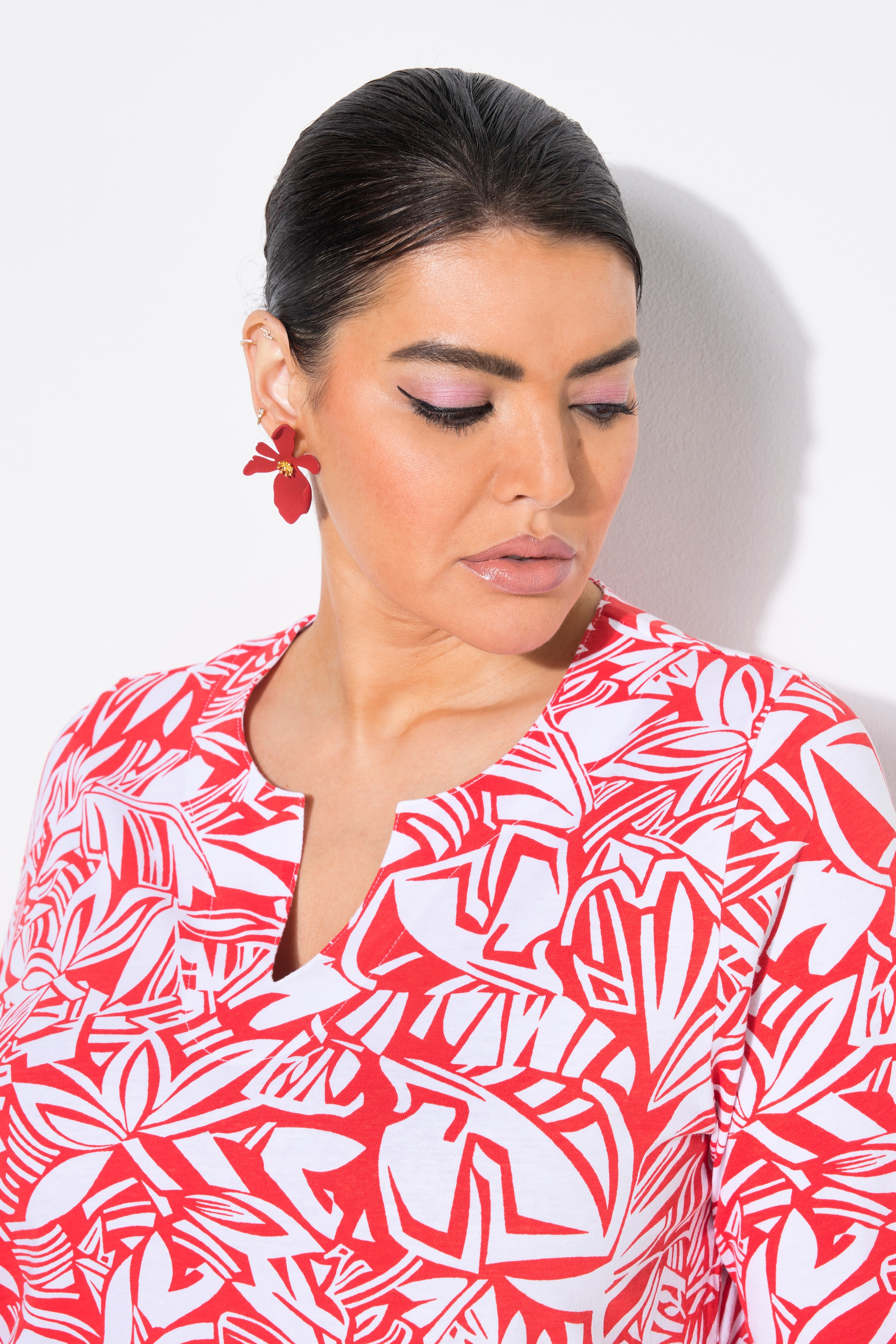 Ulla Popken Damen große Größen T Shirt Blätter A Linie Tunika Ausschnitt