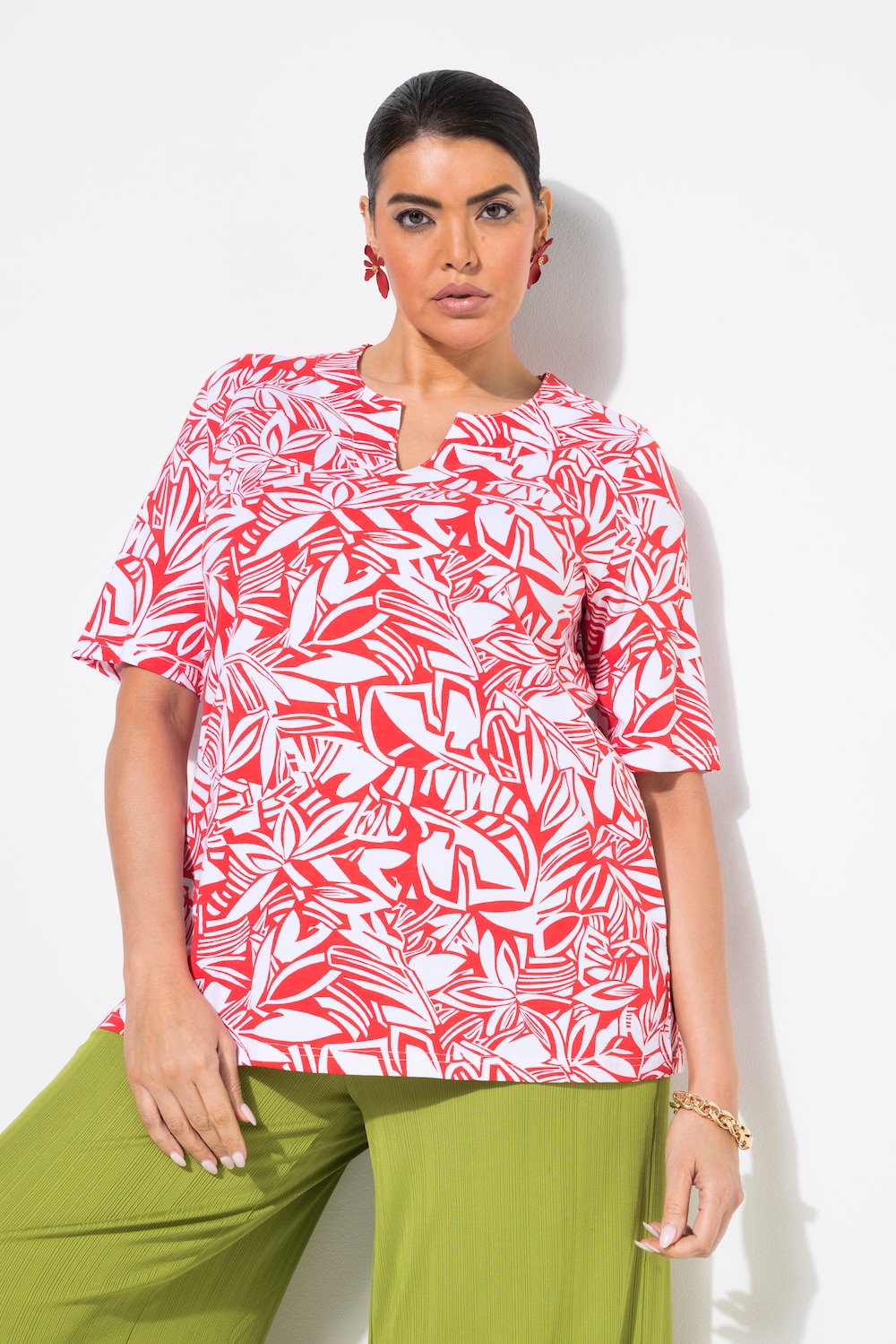 T-shirt, bladeren, A-lijn, tuniekhals, korte mouw