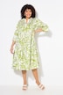 Robe midi, motif feuilles. Volants. Col tunisien et manches 3/4