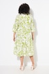 Robe midi, motif feuilles. Volants. Col tunisien et manches 3/4