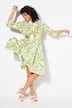 Robe midi, motif feuilles. Volants. Col tunisien et manches 3/4