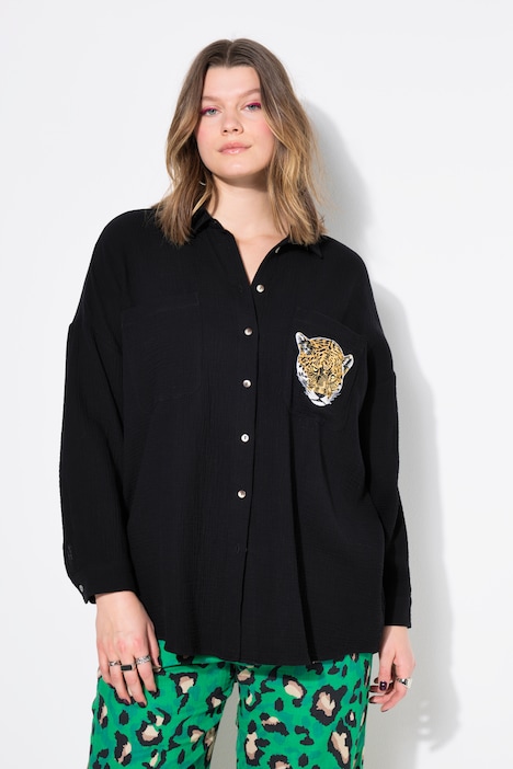 Musselinbluse, oversize, lomme med leopardlap