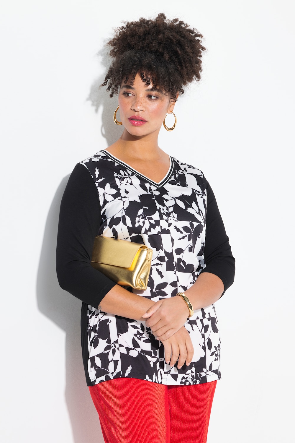 Overhemdblouse, A-lijn, satijn met motief, jersey achterpand