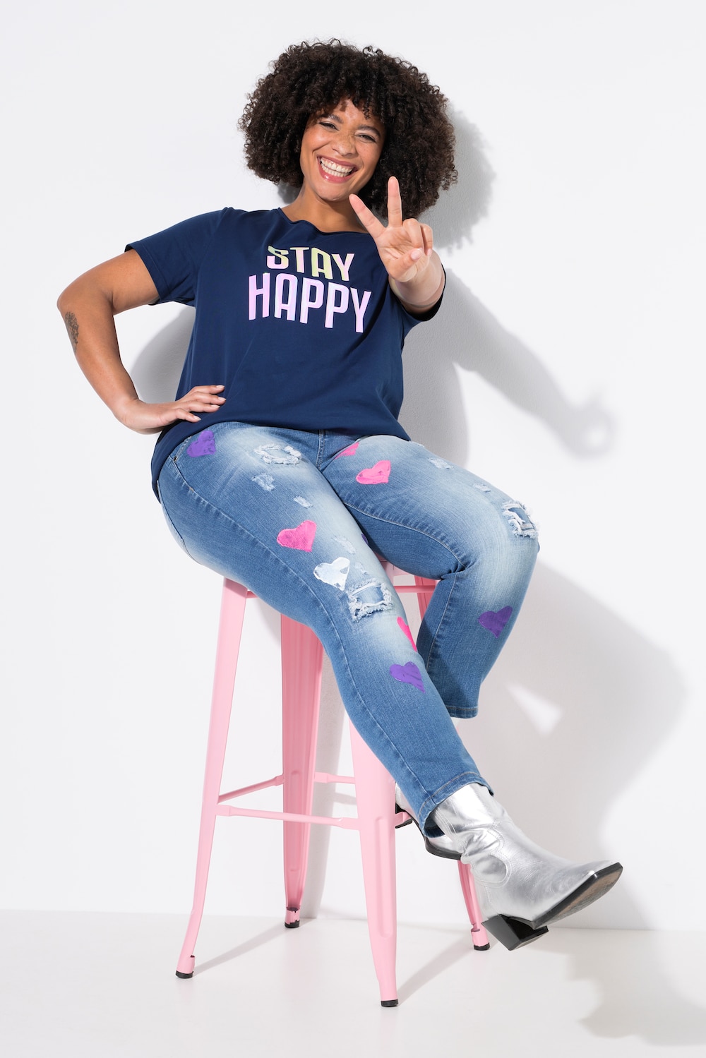 Jeans, Straight Fit, Neon-Herzen, Destroy-Effekte