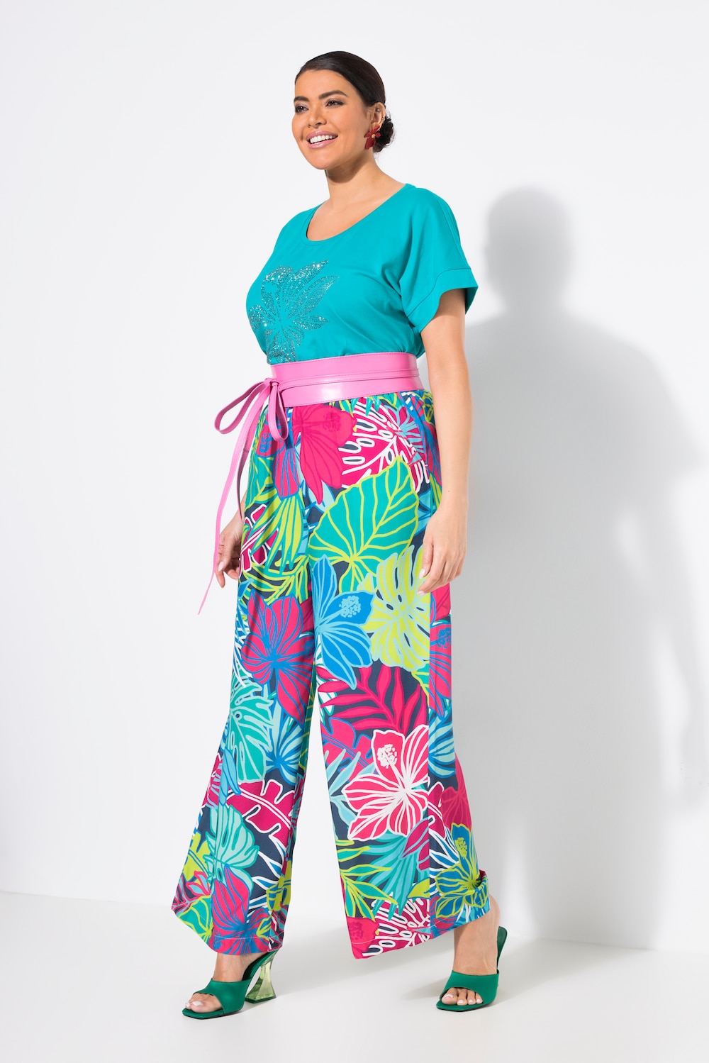 Broek, bladeren, wijde, rechte pijpen, elastische tailleband