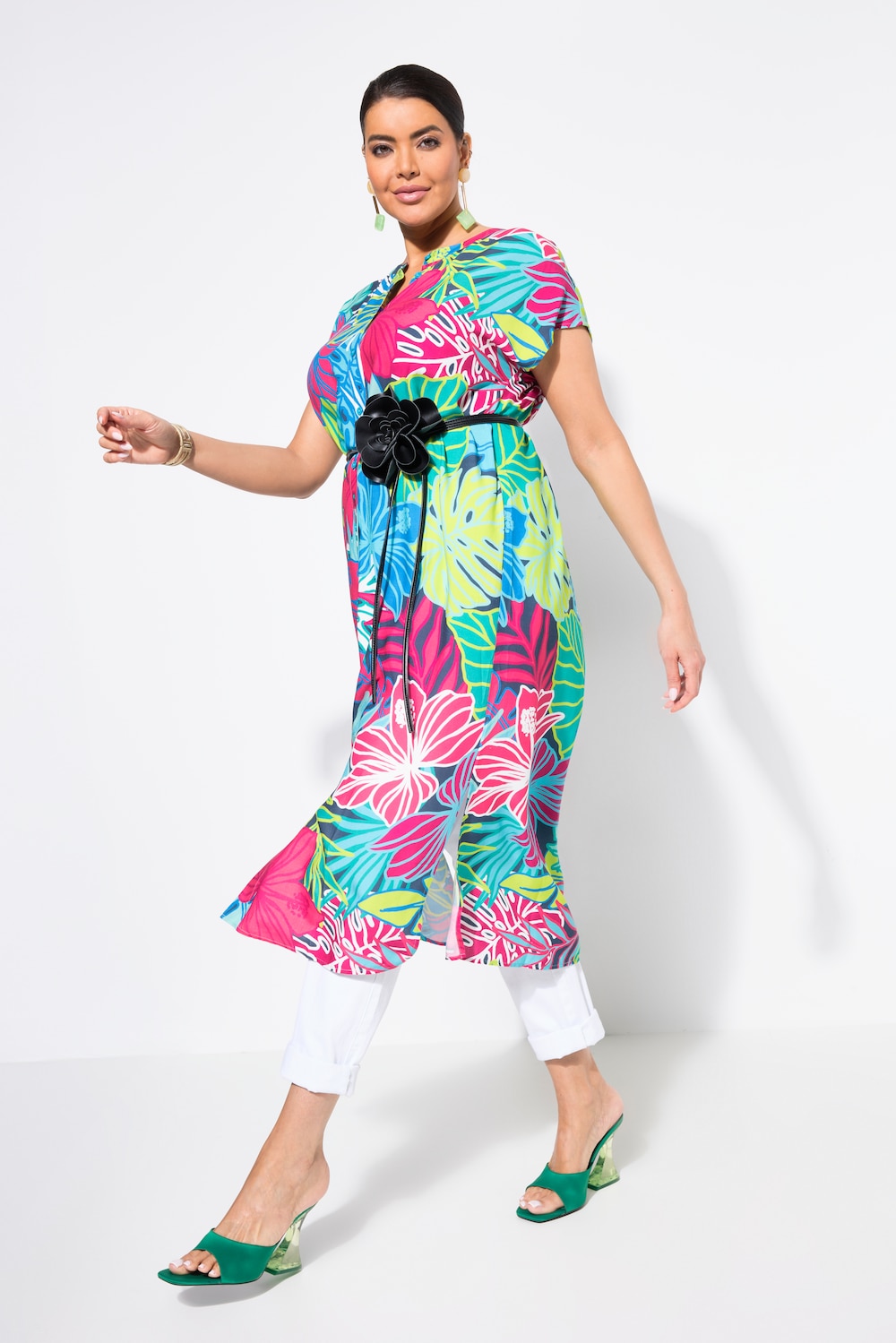 Midi-jurk, bladeren, oversized, ronde hals, mouwloos
