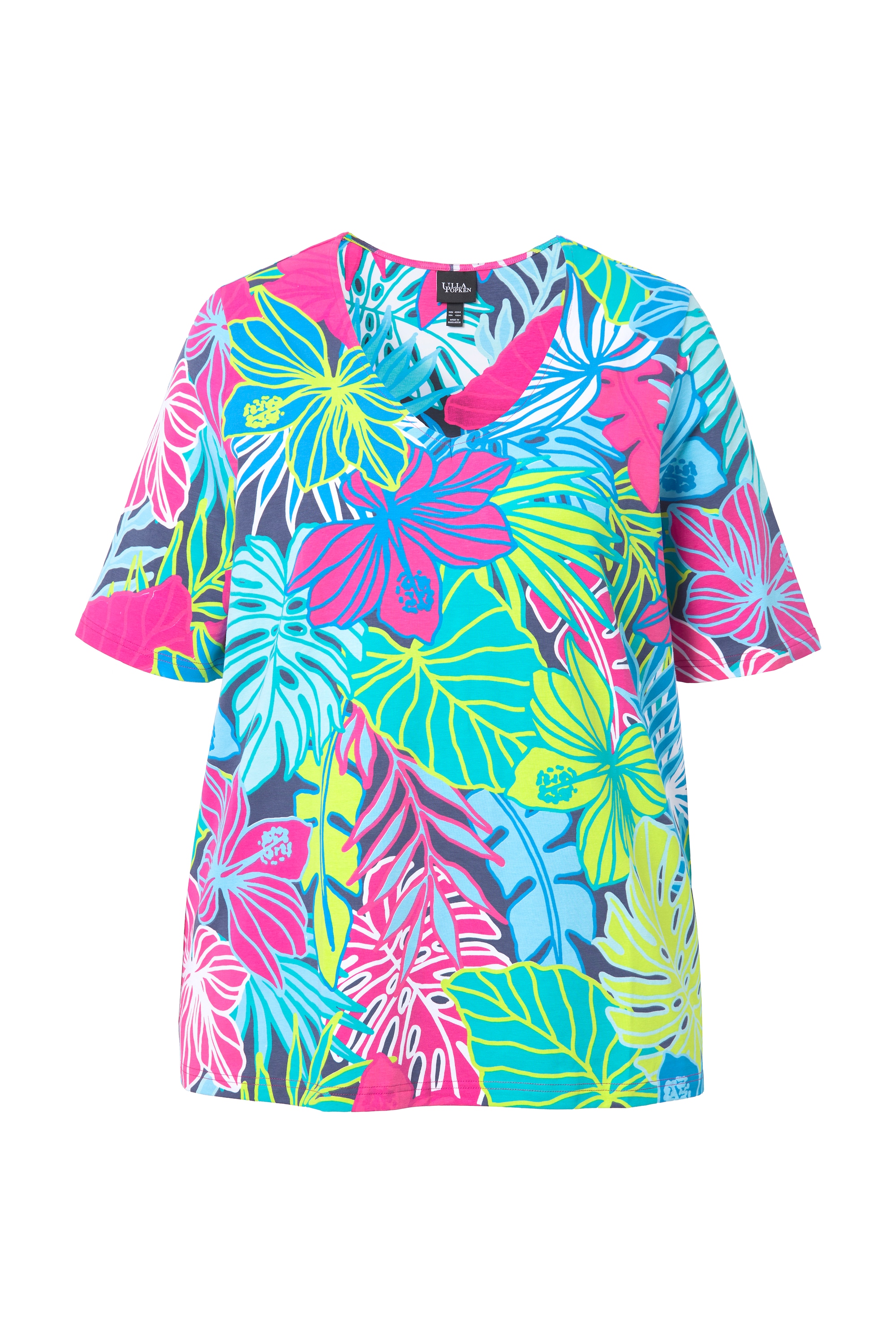 Ulla Popken Damen große Größen T Shirt Blätter A Linie V Ausschnitt