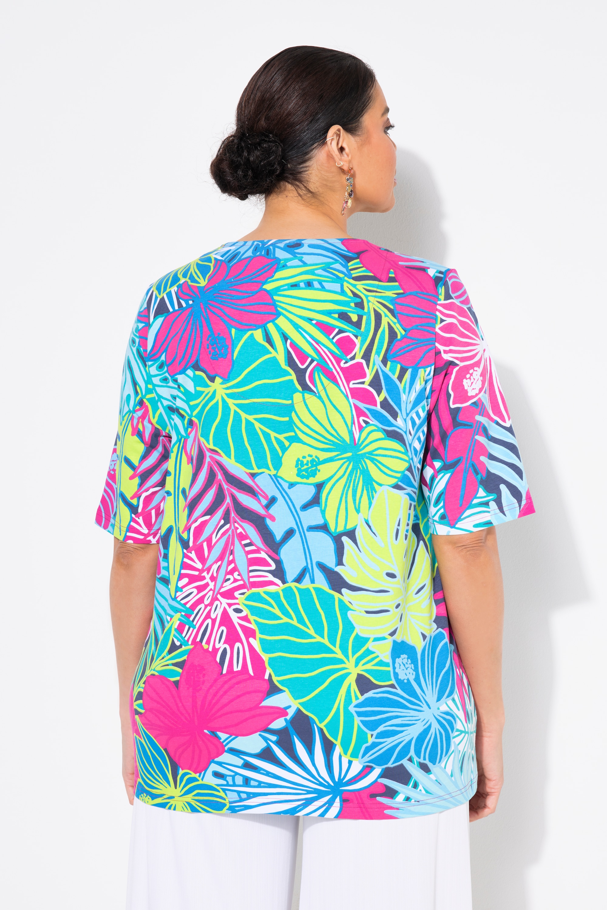 Ulla Popken Damen große Größen T Shirt Blätter A Linie V Ausschnitt