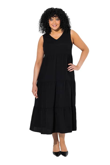 Stupňovité maxi šaty, A střih, výstřih do V, bez rukávů