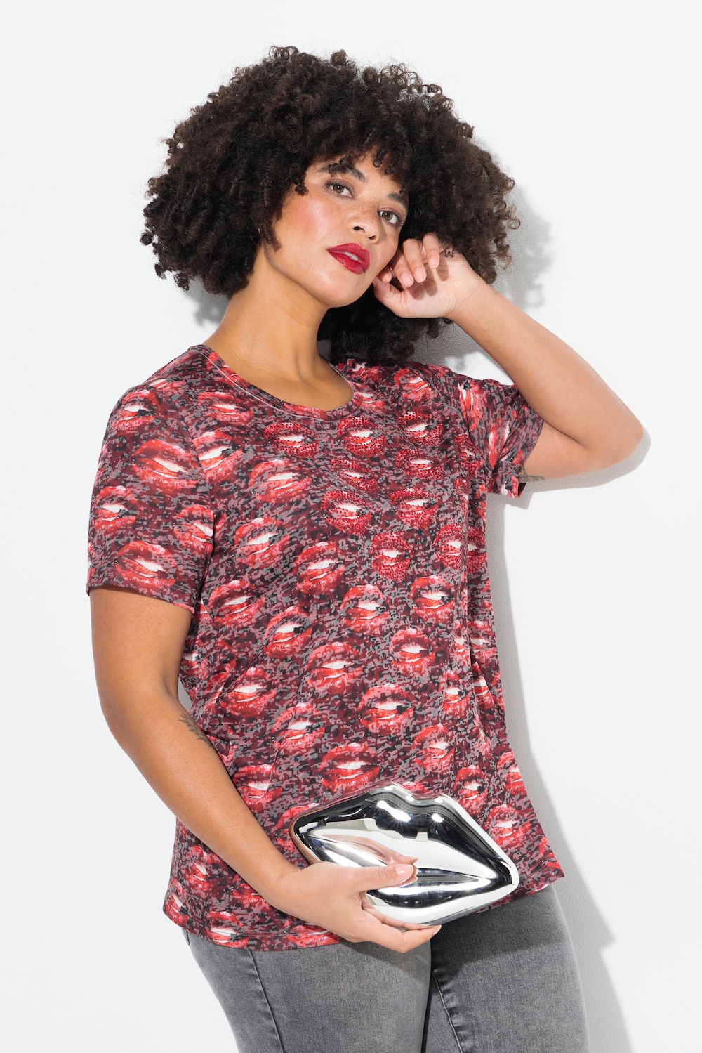 T-shirt, lippenmotief met glittersteentjes