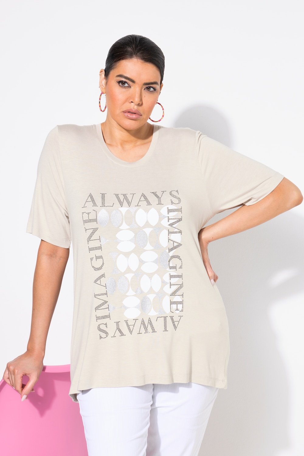T-shirt, studs, lettermotief, ronde hals, korte mouwen