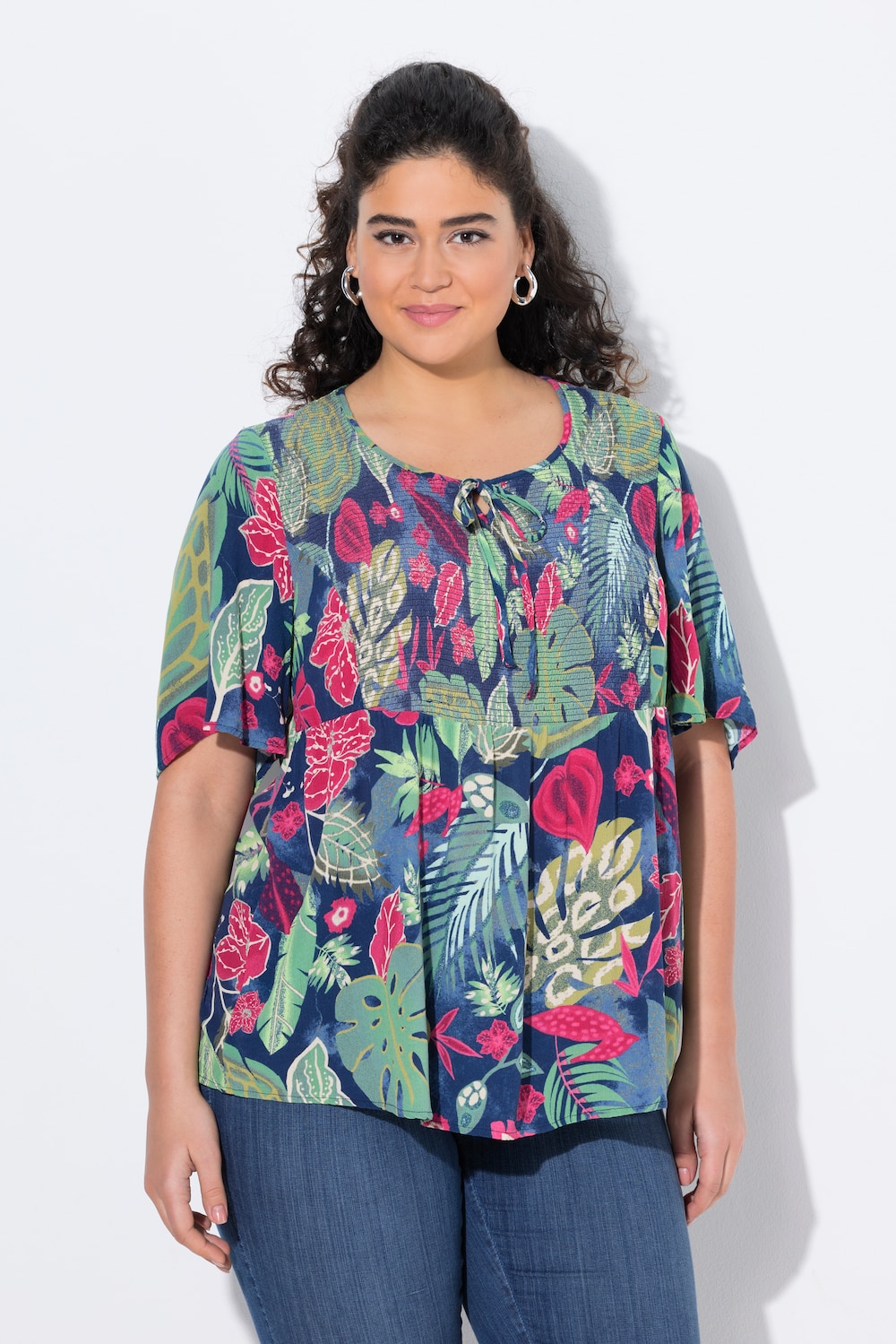 Große Größen Smok-Bluse, Damen, blau, Größe: 58/60, Viskose, Ulla Popken