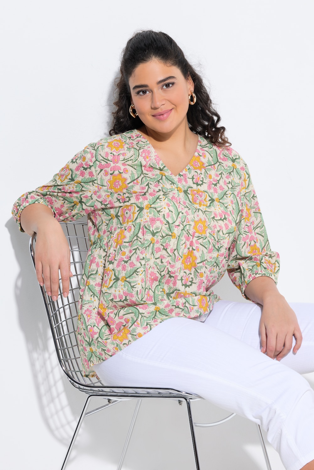 Blouse, bloemen, A-lijn, V-hals, 3/4-mouw