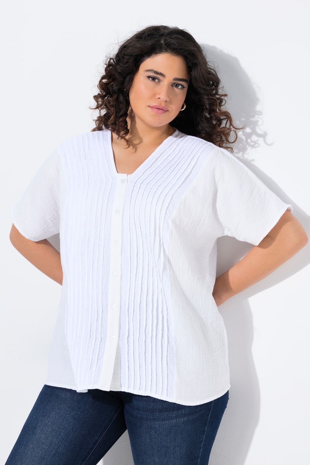 Musselin-Bluse, Oversized, Biesen, V-Ausschnitt, Halbarm