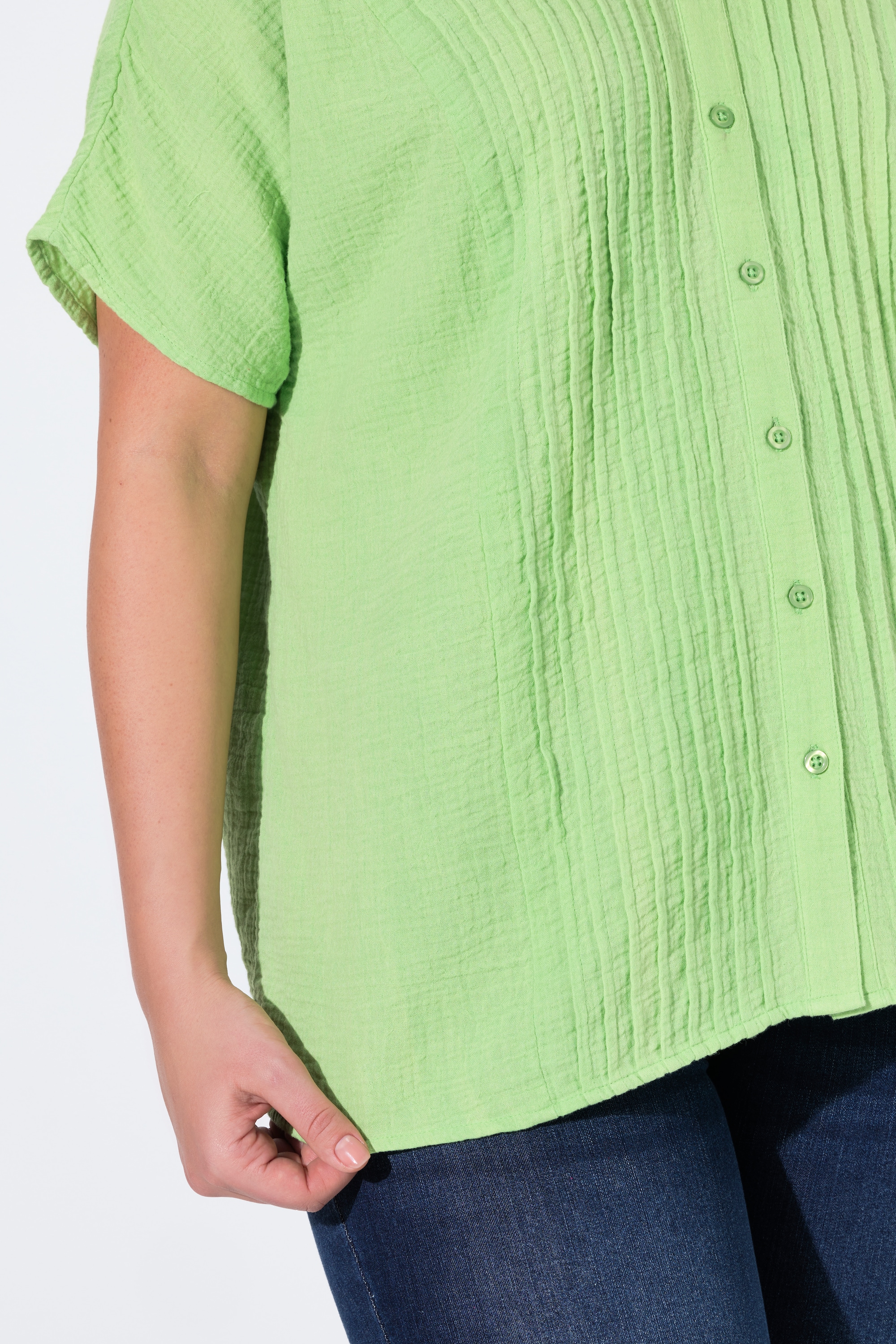 Ulla Popken Damen große Größen Musselin Bluse Oversized Biesen V Ausschnitt