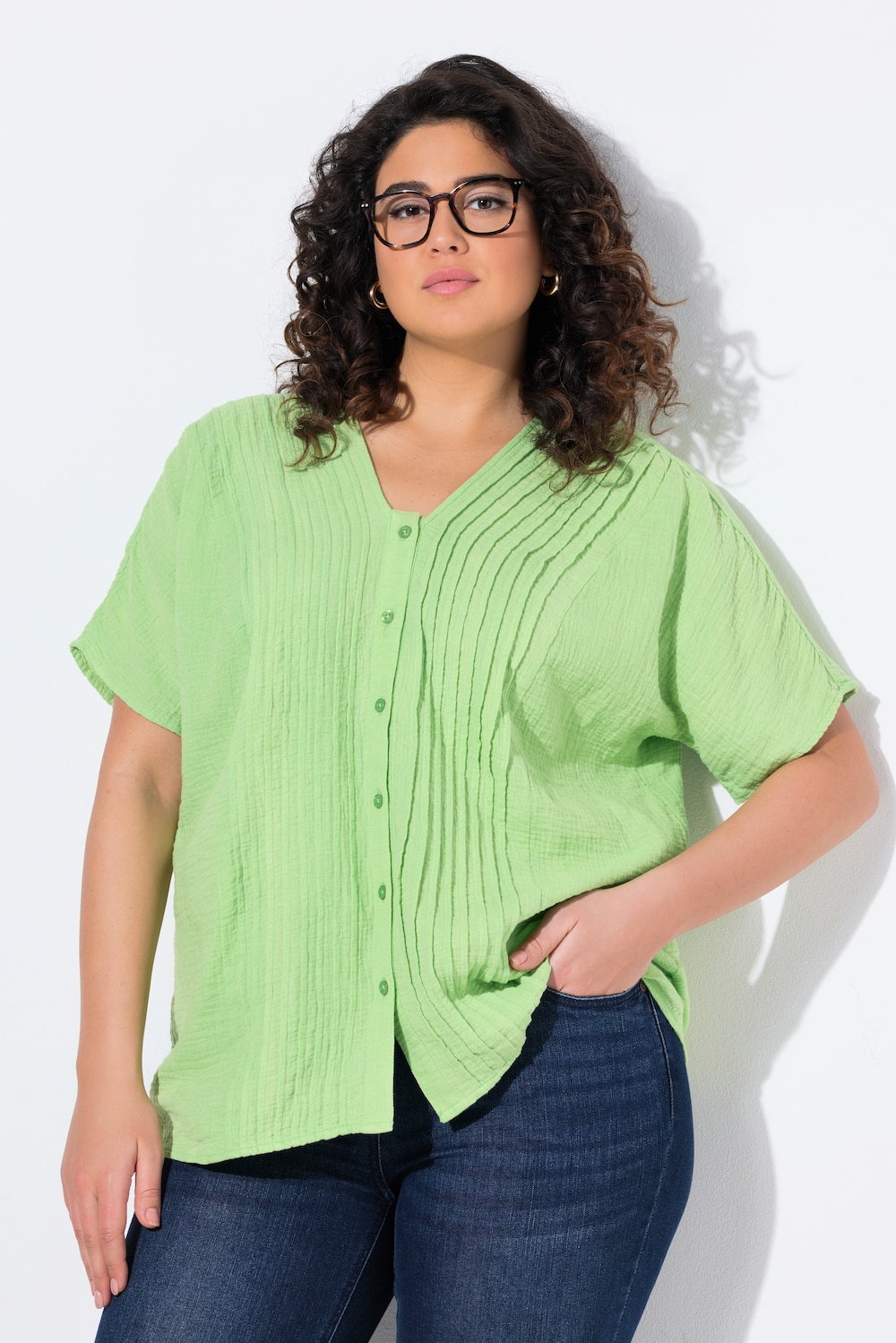 Musselin-Bluse, Oversized, Biesen, V-Ausschnitt, Halbarm