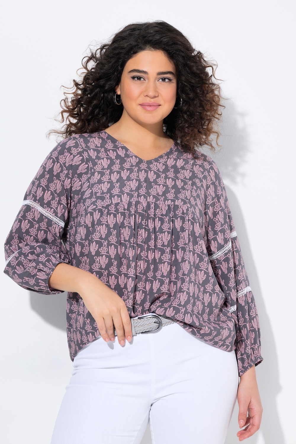 Bluse, Kaktus, A-Linie, 3/4-Arm, Spitze