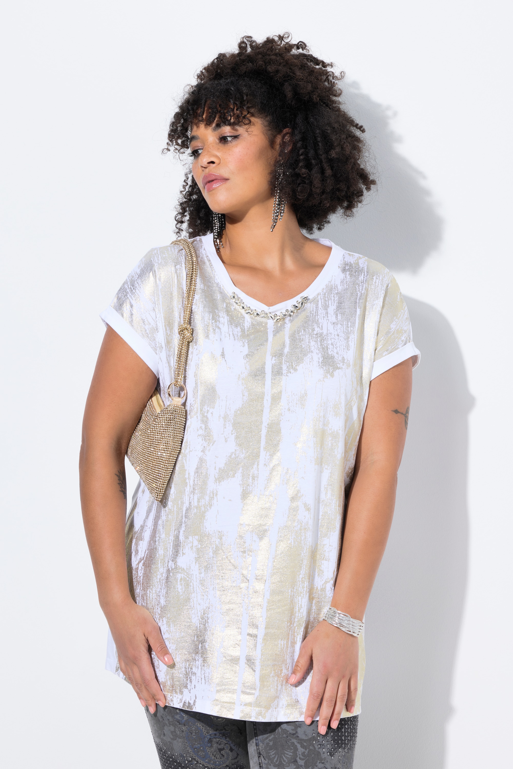 MIAMODA Damen große Größen T Shirt Golddruck Kette am Ausschnitt 839262