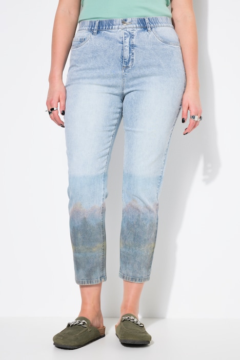 Jean Mom 5 poches, coupe Wide Legs, tissu imprimé sur le bas des jambes