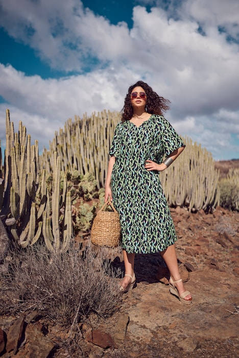 Vestido midi, forma en A, cuello de túnica, manga al codo