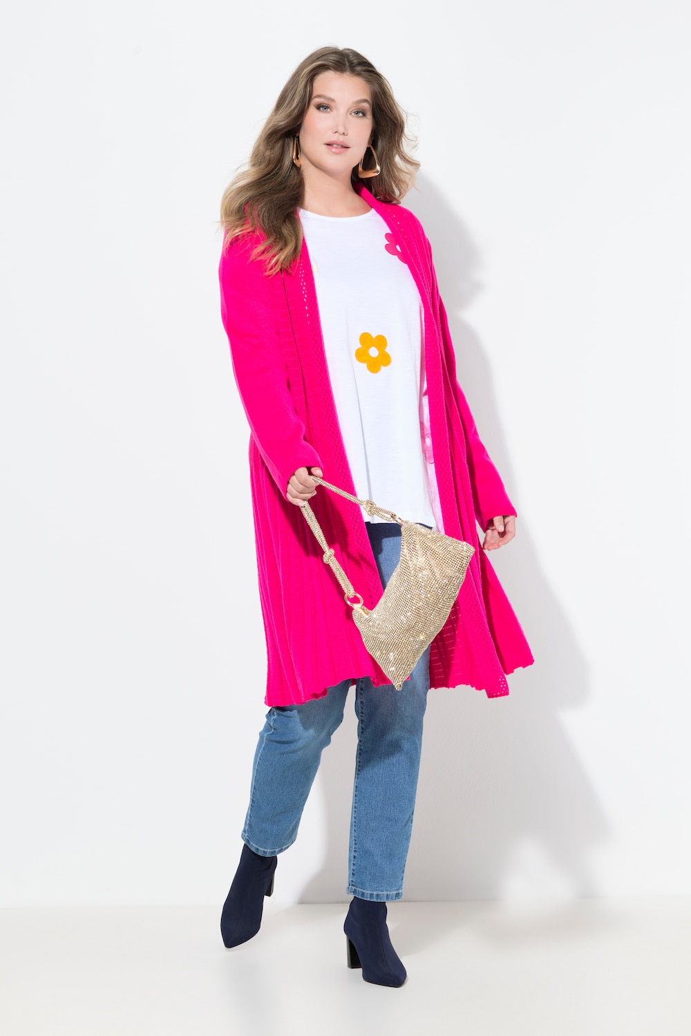Strickjacke, längere A-Linie, Strukturmix, Wellensaum