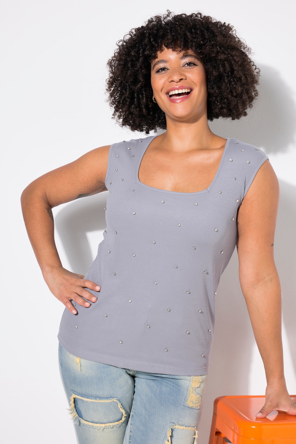 Ribshirt, slim fit, siersteentjes