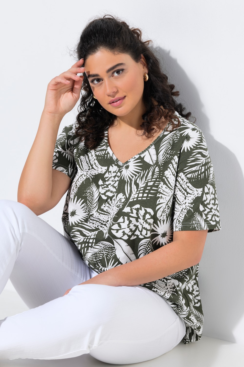 T-Shirt, Federn, A-Linie, V-Ausschnitt, Halbarm