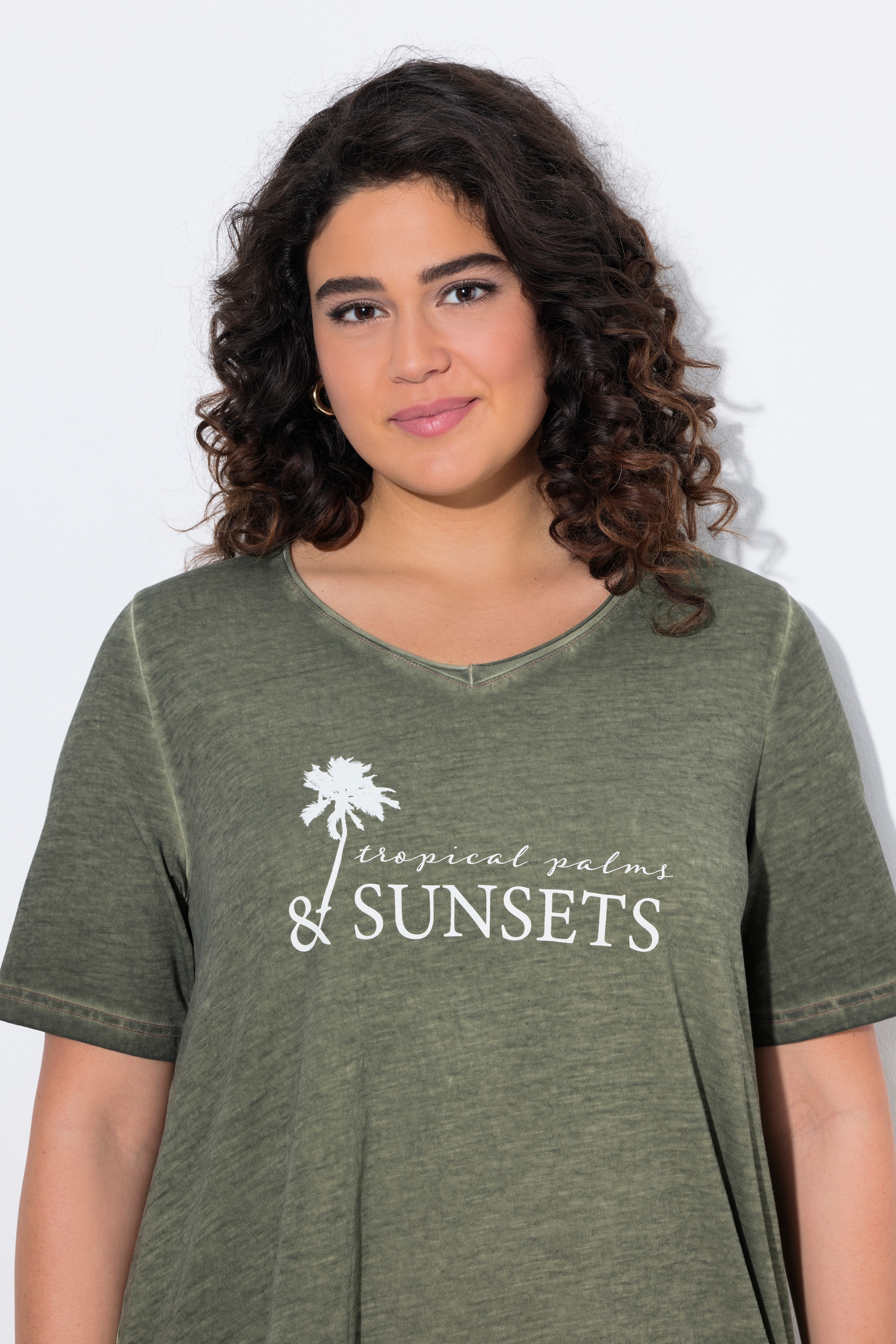 Ulla Popken Damen große Größen T Shirt cold dyed A Linie V Ausschnitt