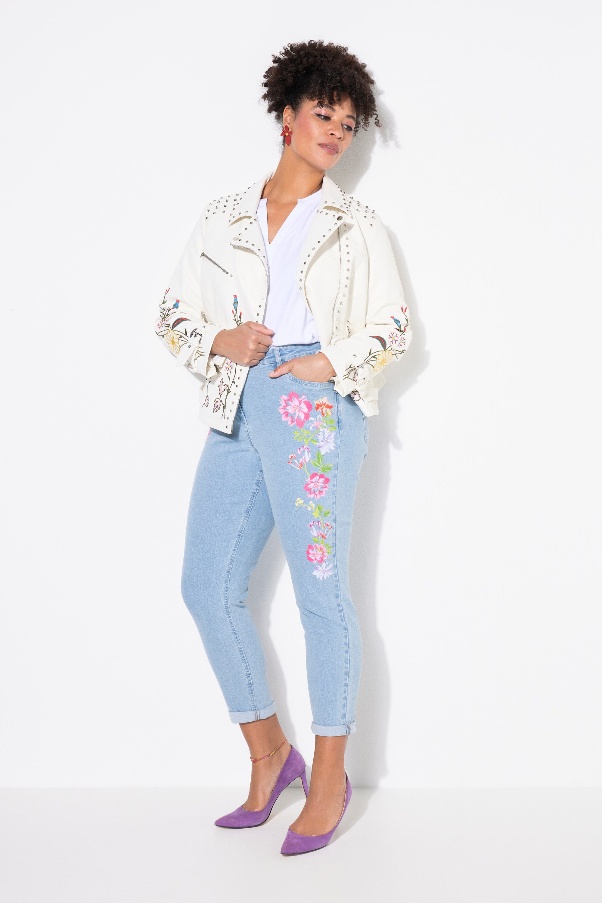 MIAMODA Damen große Größen Mom Jeans seitlicher Blütendruck 5 Pocket 839333