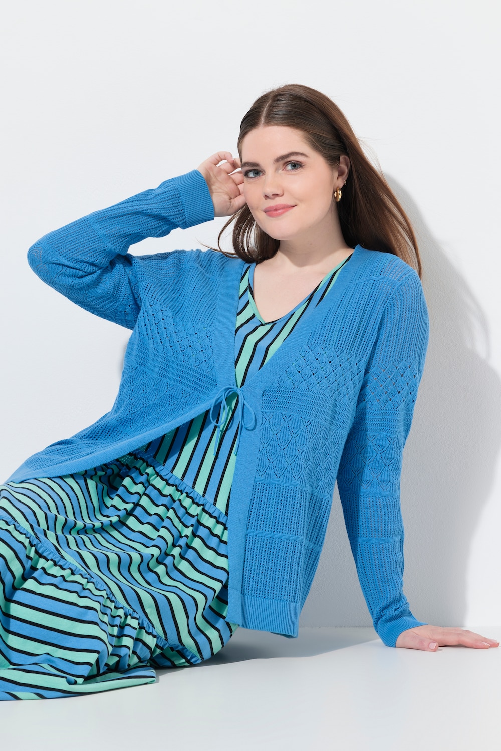 Strickjacke, Ajour, V-Ausschnitt, Langarm, Biobaumwolle