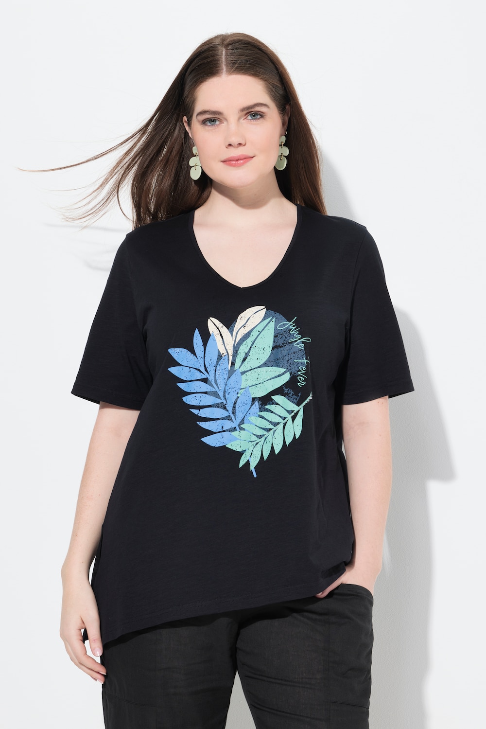 T-Shirt, Zierperlen, V-Ausschnitt, Halbarm, Biobaumwolle