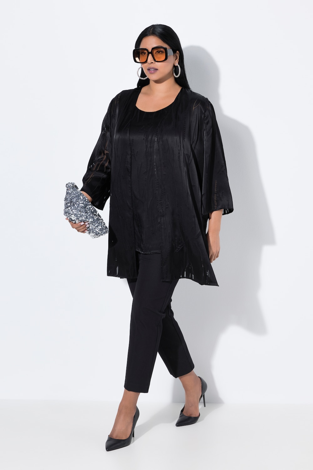 Easy-Going-Jacke, offene Form, V-Ausschnitt, 3/4-Arm