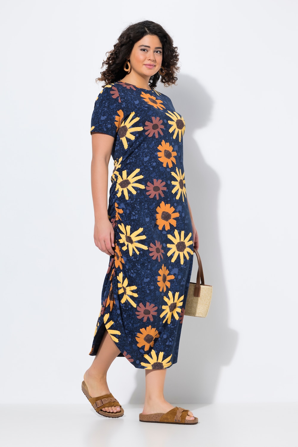 Jersey maxi-jurk, bloemen, ronde hals, halflange mouwen, biologisch katoen