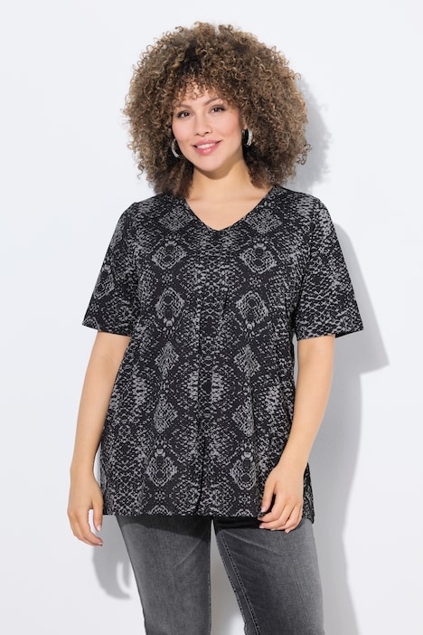 T-Shirt, Schlangenmuster, Biesen, V-Ausschnitt, Halbarm