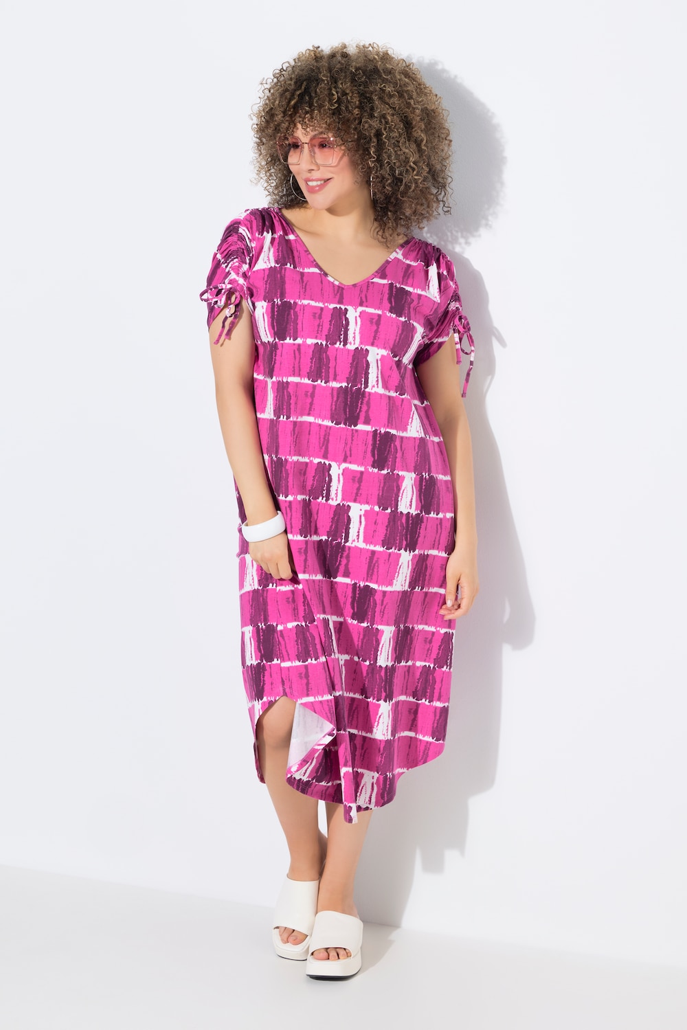Jersey mid-jurk, batikstreep, V-hals, korte mouwen