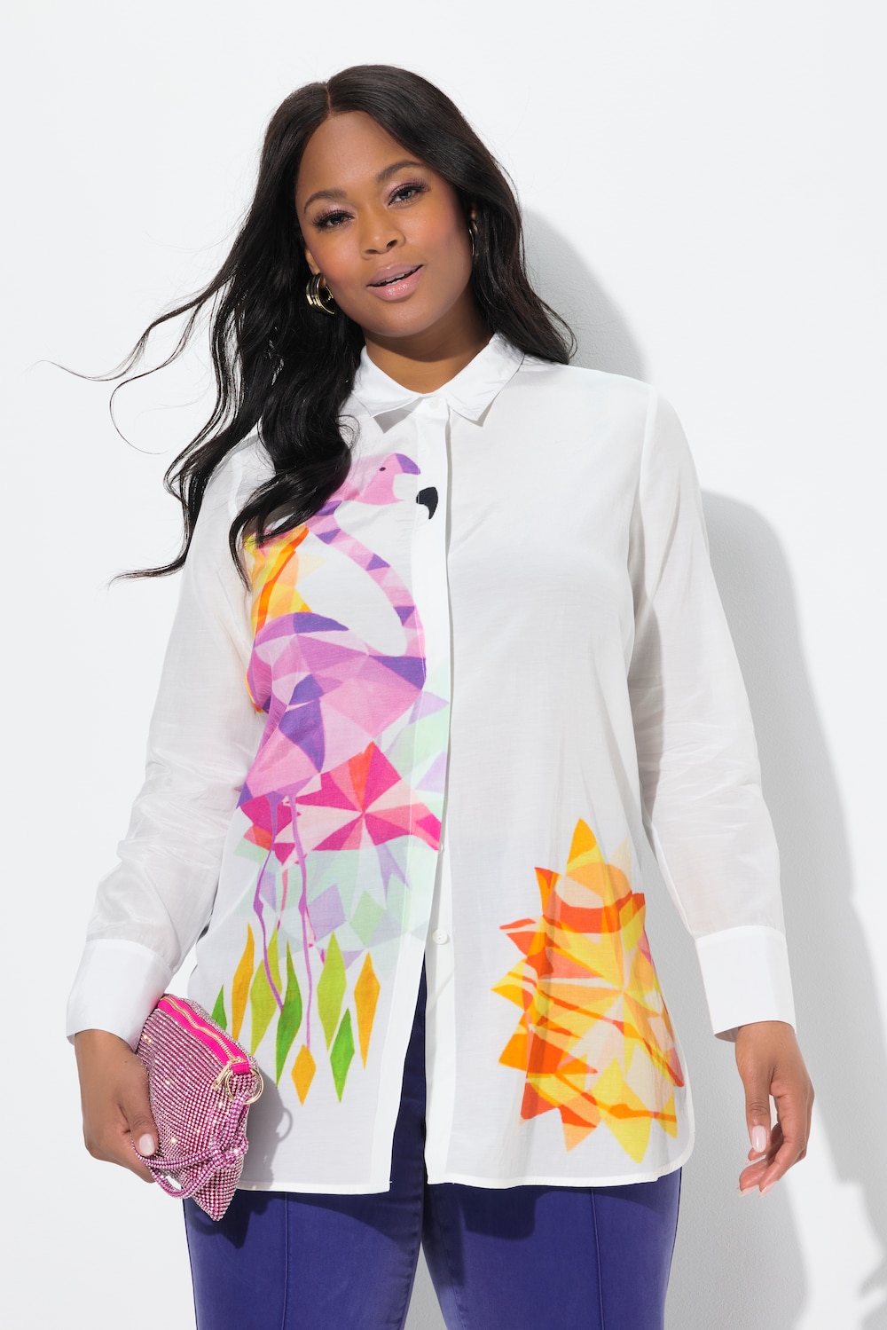 Blouse, flamingo's, A-lijn, overhemdkraag, lange mouw