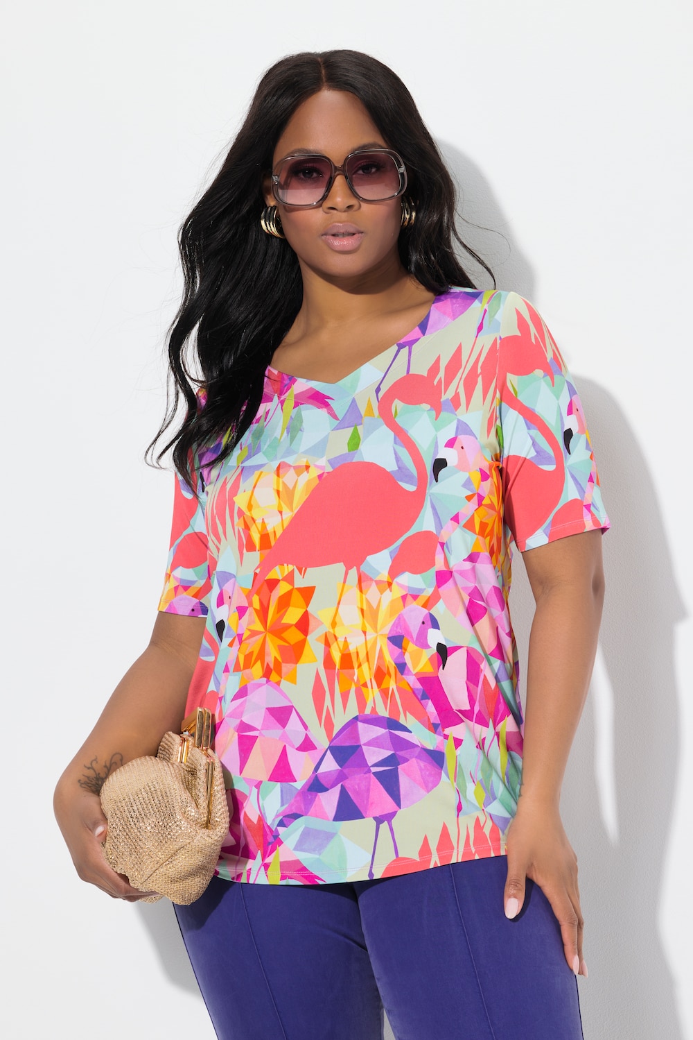 Slinky shirt, flamingo's, hartvormige hals, korte mouw