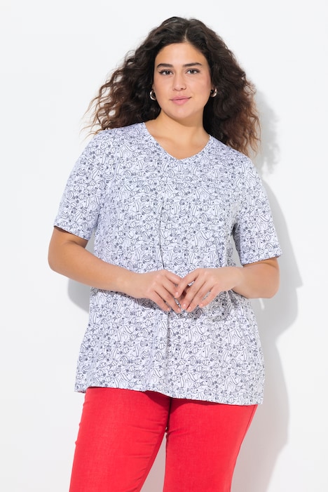 Blouse motif poissons, plis fantaisie, décolleté en V et manches courtes