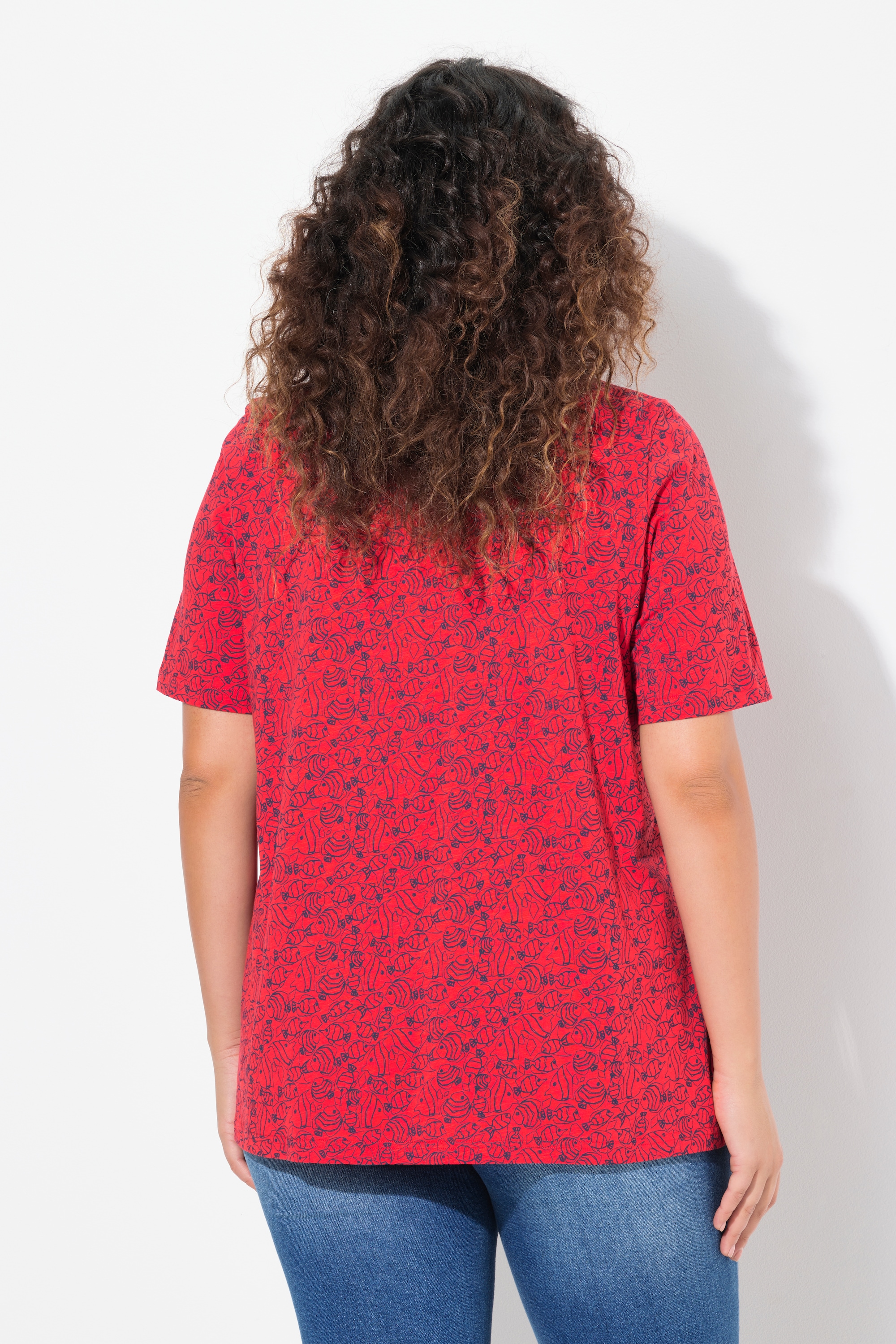 Ulla Popken Damen große Größen T Shirt Fische Zierfalten V Ausschnitt