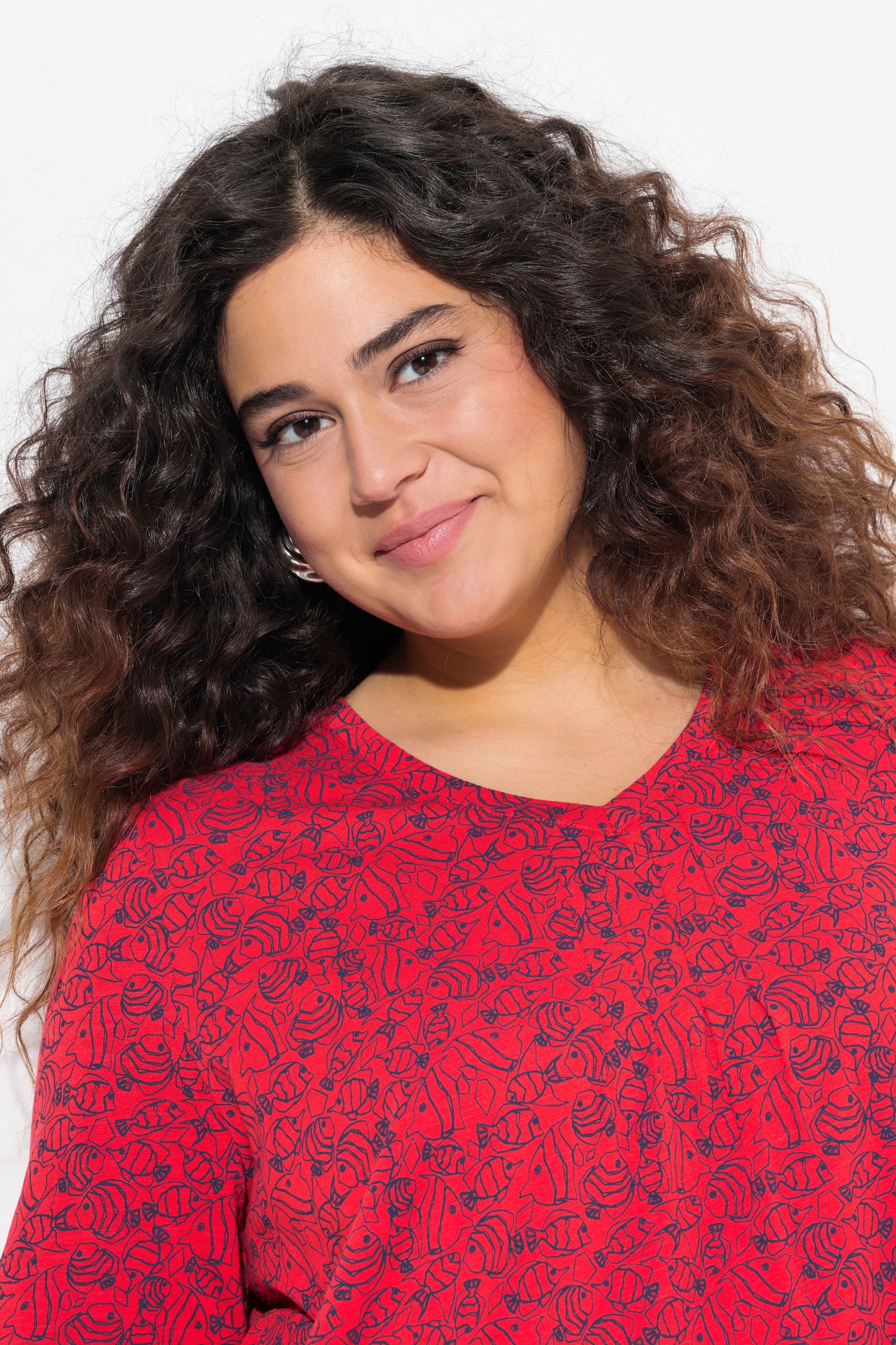 Ulla Popken Damen große Größen T Shirt Fische Zierfalten V Ausschnitt