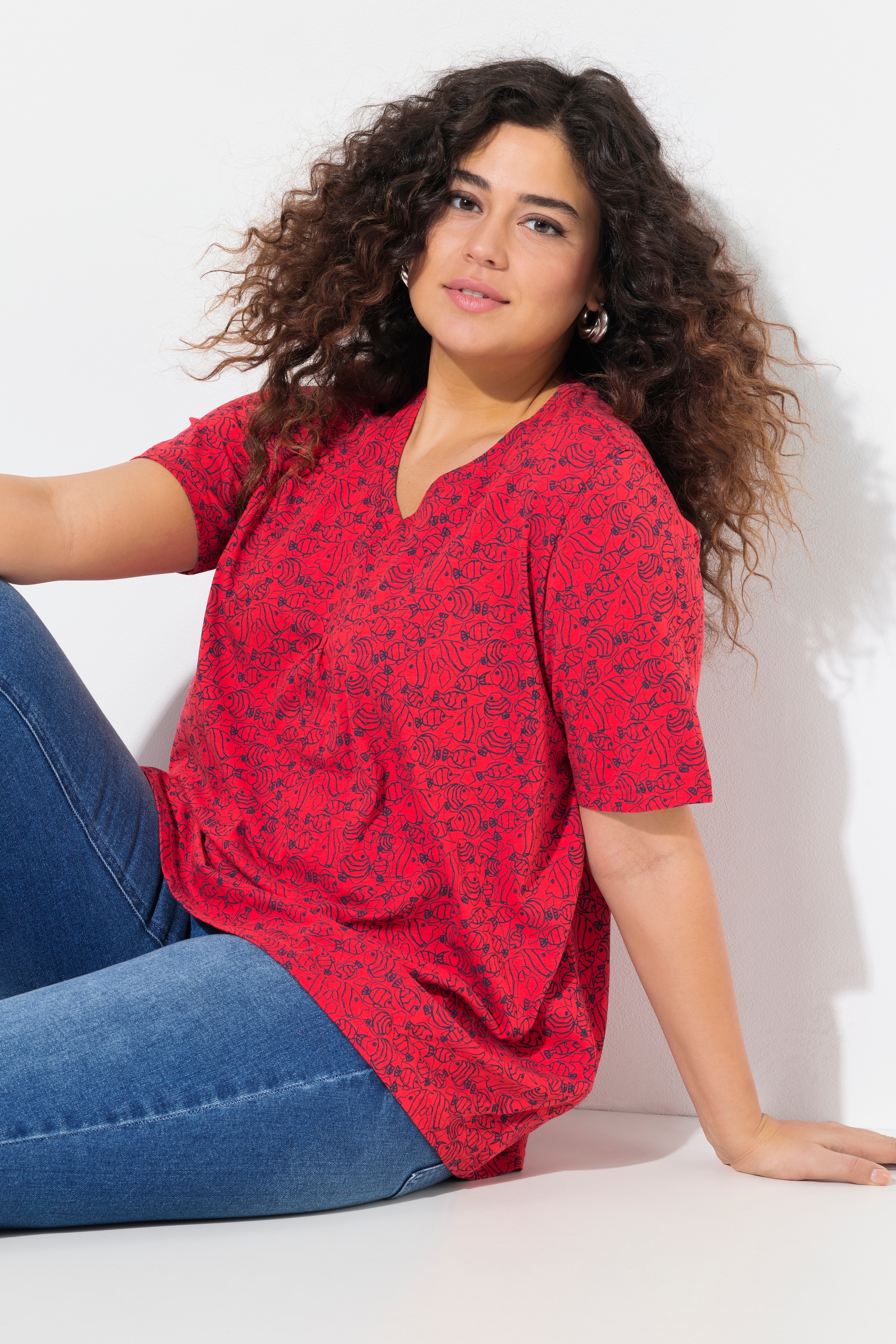 Ulla Popken Damen große Größen T Shirt Fische Zierfalten V Ausschnitt