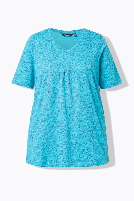 T-Shirt, Fische, Zierfalten, V-Ausschnitt, Halbarm