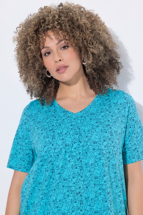 T-Shirt, Fische, Zierfalten, V-Ausschnitt, Halbarm