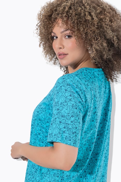 T-Shirt, Fische, Zierfalten, V-Ausschnitt, Halbarm